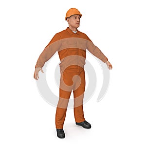 Factory Worker In Orange Overalls With Hardhat Isolated On White Background. 3D Illustration