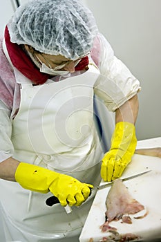 Factory worker slicing fish photo