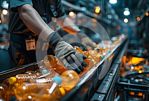 Factory worker is sorting empty glass bottles on the conveyor belt