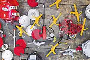 Factory worker tools set, top view.