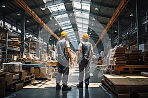 Factory workers converse, weaving connections as they walk through expansive production hall