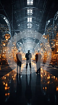 Factory workers converse, weaving connections as they walk through expansive production hall