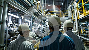 In a factory workers in hard hats oversee the production of batteries used for renewable energy storage photo