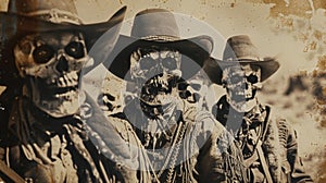 A faded photograph depicting a group of cowboys with sunken lifeless eyes and grinning skulls sped to their saddles. photo