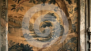 A faded tapestry depicting a desert landscape hangs above a door leading to a hidden back room.