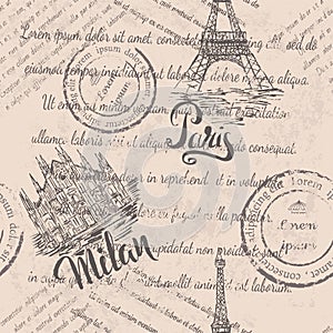 Faded text, stamps, Eiffel Tower, lettering Paris, hand drawn Milan Cathedral, lettering Milan, seamless pattern