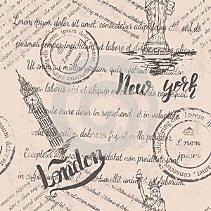 Faded text, stamps and the Statue of Liberty with lettering New york, big ben, lettering London, seamless pattern