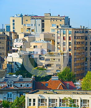 Faded urban architecture of city center of Bucharest, Romania