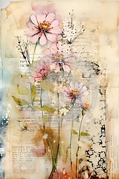 Fading Beauty: A Vintage Herbarium Page Adorned with Pink Flower