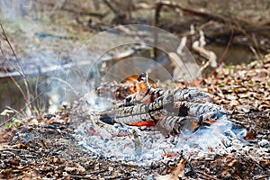 Fading fire on a forest river in the evening