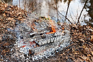 Fading fire on a forest river in the evening