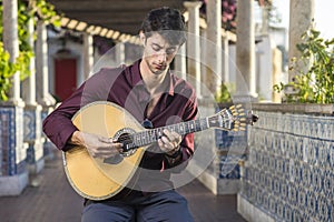 Fado musician playing on portuguese guitar under pergola in Lisbon, Portugal photo