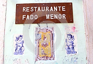 Fado restaurant sign angels old tiles, Portugal