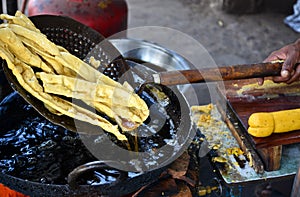 Fafda being made of Besan chickpea flour