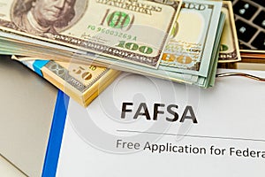 Fafsa. Student aid application form on the tablet.