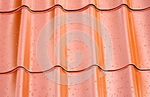 Fagment of red metal roof with many water drops as background