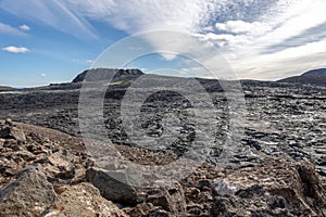 Fagradalsfjall volcano lava field landscape with frozen basaltic lava, Iceland