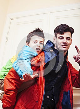 Faher and son together having fun at home, lifestyle happy family, people at home