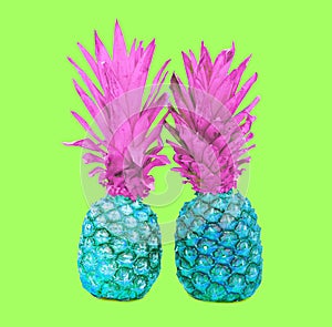 Fahion two pineapple on colorful green background