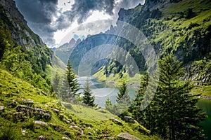 Fahlensee lake in Alpstein mountains in Swiss Alps photo