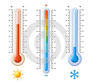 Fahrenheit and celsius thermometers. Temperature spectrum scale with hot sun and cold snowflake icons, weather