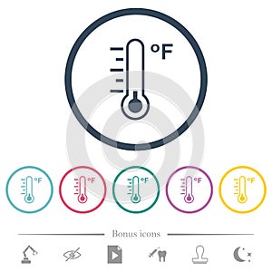 Fahrenheit thermometer cold temperature flat color icons in round outlines