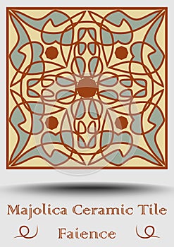 Faience ceramic tile in beige, olive green and red terracotta. Traditional pottery product. Traditional spanish ceramics product w