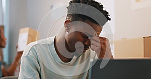 Fail, stress and black man on laptop in home, tired and small business challenge. Burnout, fatigue and African person in