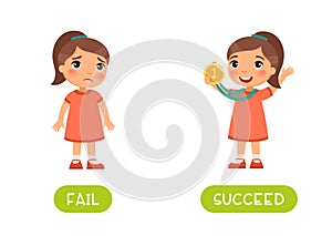 Fail and succeed antonyms word card vector template. Opposites concept. F