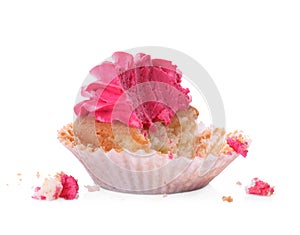 Failed cupcake with cream on white background. Troubles happen