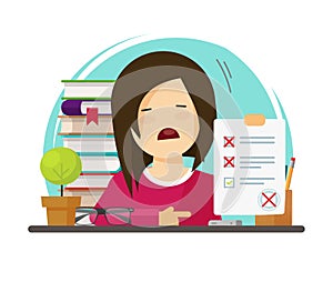 Failed exam or bad test results vector illustration, flat cartoon unhappy pupil or student stressed woman or girl not