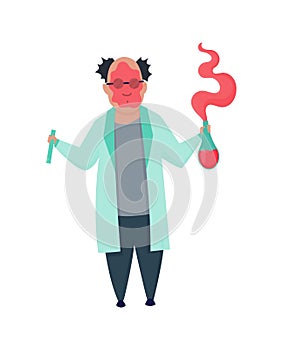 Failed experiment. Mad professor in lab coat. Crazy scientist stereotype. Doctor research in a laboratory lab. Evil