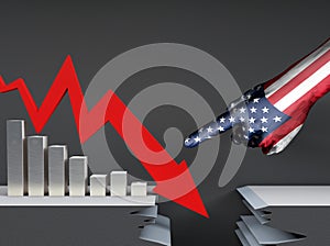 Failure arrow and man-made manipulation, American flag, man-made manipulation of economy