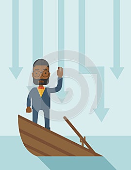 Failure black businessman standing on a sinking