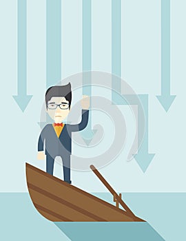 Failure chinese businessman standing on a sinking