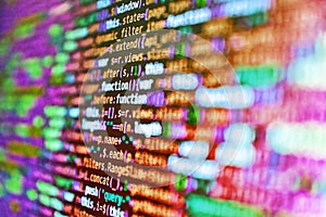 Failure in the program, blue screen, programming. Template of website, selective focus. Monitor closeup of function source code.