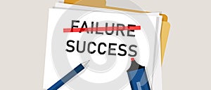 Failure is success in progress inspirational text. word marked on paper. Concept of business challenge.