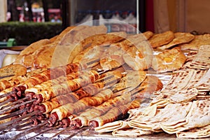 fair. Exhibition, sale baking on shelves. products prepared on a grill.