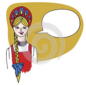 Fair haired blonde girl in Russian folk dress.