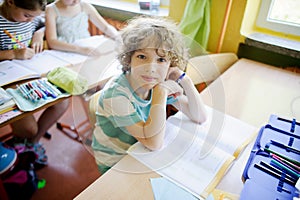 The fair-haired curly schoolboy sits at a school desk in class