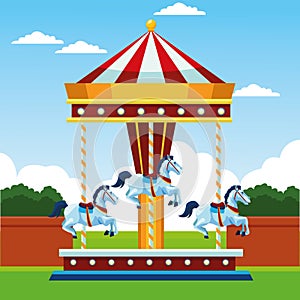 Fair horses carousel over landscape background