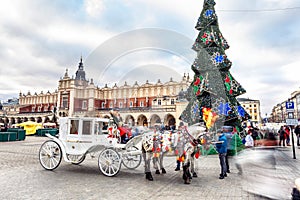 Fair in KRAKOW. Main Market Square and Sukiennice in the evening.