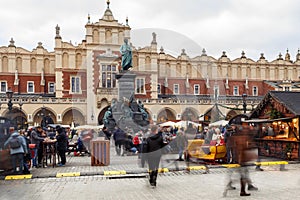 Fair in KRAKOW. Main Market Square and Sukiennice in the evening.