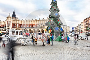 Fair in KRAKOW. Main Market Square and Sukiennice in the evening.