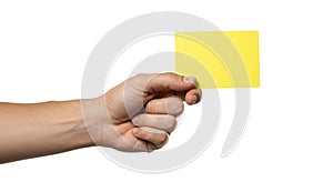 hand holding bright yellow card on white background