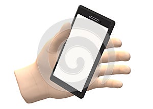 A fair skinned human left hand holding a blank screened smartphone white backdrop