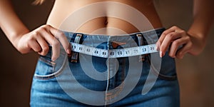 Fair-skinned woman in blue jeans is measured using a tape beautiful slender waist , concept of Health and fitness