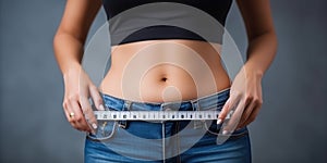 Fair-skinned woman in blue jeans is measured using a tape beautiful slender waist , concept of Health and fitness