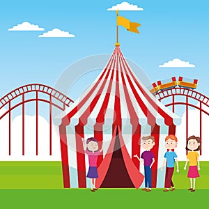 Fair tent and people standing over roller coaster and landscape background