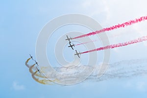 FAIRFORD, UK, JULY 13 2018: A photograph documenting athe Patrulla Aguila from the Spanish Air Force displaying their aerobatic C photo